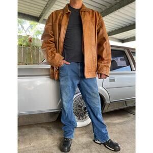 🔥Vintage Y2K Leather 2000 Brown Bomber Jacket Faux Fur Lined Grunge Biker Patina